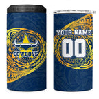 Personalized North Queensland Cowboys 4 in 1 Can Cooler Tumbler Polynesian Tribal Chest and Sleeve Tattoo