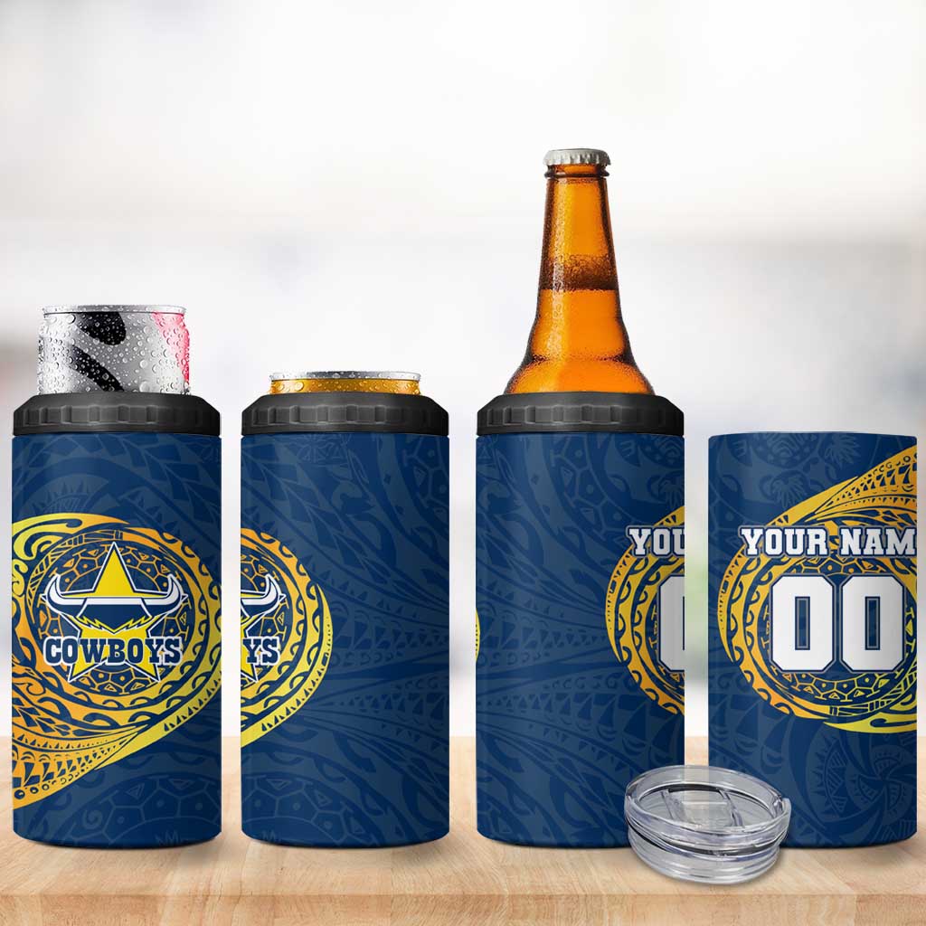 Personalized North Queensland Cowboys 4 in 1 Can Cooler Tumbler Polynesian Tribal Chest and Sleeve Tattoo