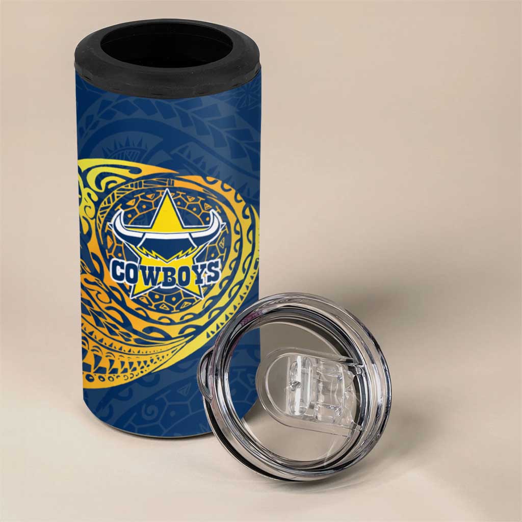 Personalized North Queensland Cowboys 4 in 1 Can Cooler Tumbler Polynesian Tribal Chest and Sleeve Tattoo