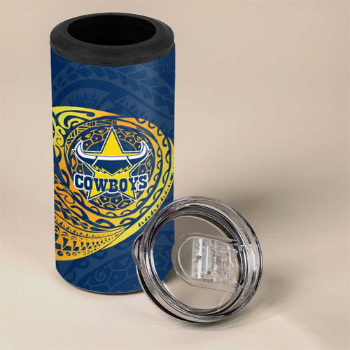 Personalized North Queensland Cowboys 4 in 1 Can Cooler Tumbler Polynesian Tribal Chest and Sleeve Tattoo