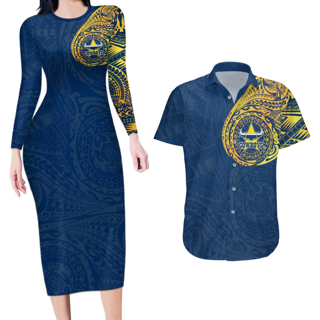Personalized North Queensland Cowboys Couples Matching Long Sleeve Bodycon Dress and Hawaiian Shirt Polynesian Tribal Chest and Sleeve Tattoo