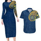 Personalized North Queensland Cowboys Couples Matching Long Sleeve Bodycon Dress and Hawaiian Shirt Polynesian Tribal Chest and Sleeve Tattoo