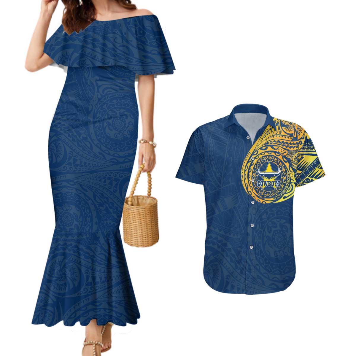 Personalized North Queensland Cowboys Couples Matching Mermaid Dress and Hawaiian Shirt Polynesian Tribal Chest and Sleeve Tattoo