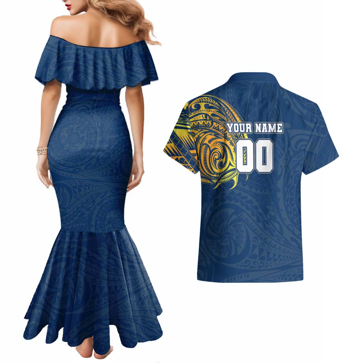 Personalized North Queensland Cowboys Couples Matching Mermaid Dress and Hawaiian Shirt Polynesian Tribal Chest and Sleeve Tattoo