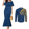 Personalized North Queensland Cowboys Couples Matching Mermaid Dress and Long Sleeve Button Shirt Polynesian Tribal Chest and Sleeve Tattoo