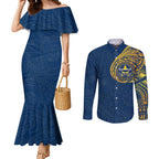 Personalized North Queensland Cowboys Couples Matching Mermaid Dress and Long Sleeve Button Shirt Polynesian Tribal Chest and Sleeve Tattoo