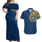 Personalized North Queensland Cowboys Couples Matching Off Shoulder Maxi Dress and Hawaiian Shirt Polynesian Tribal Chest and Sleeve Tattoo