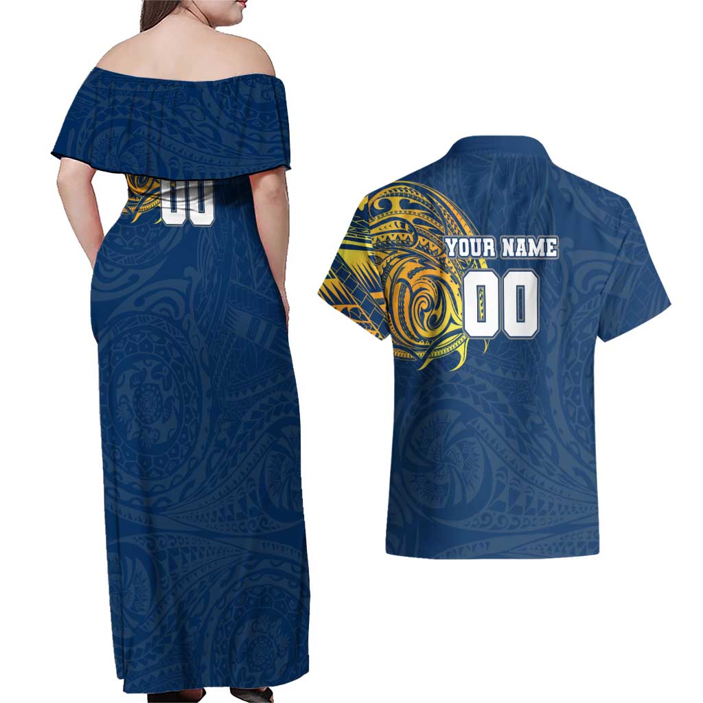 Personalized North Queensland Cowboys Couples Matching Off Shoulder Maxi Dress and Hawaiian Shirt Polynesian Tribal Chest and Sleeve Tattoo