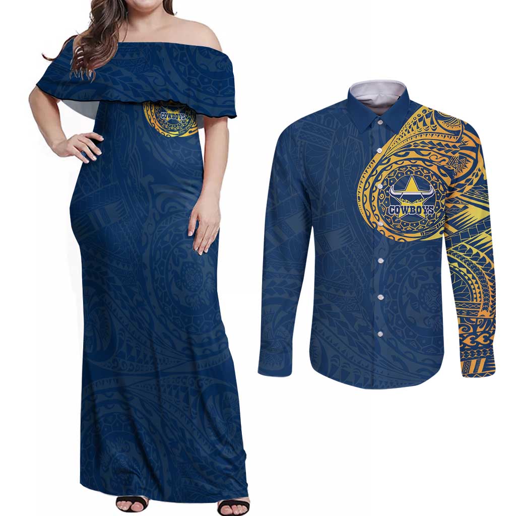 Personalized North Queensland Cowboys Couples Matching Off Shoulder Maxi Dress and Long Sleeve Button Shirt Polynesian Tribal Chest and Sleeve Tattoo