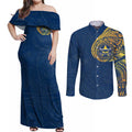 Personalized North Queensland Cowboys Couples Matching Off Shoulder Maxi Dress and Long Sleeve Button Shirt Polynesian Tribal Chest and Sleeve Tattoo