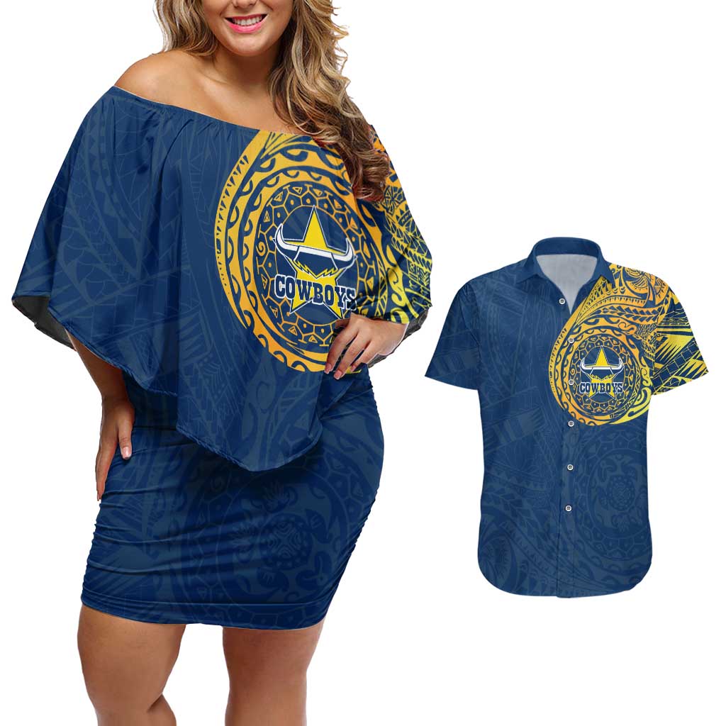 Personalized North Queensland Cowboys Couples Matching Off Shoulder Short Dress and Hawaiian Shirt Polynesian Tribal Chest and Sleeve Tattoo