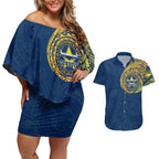 Personalized North Queensland Cowboys Couples Matching Off Shoulder Short Dress and Hawaiian Shirt Polynesian Tribal Chest and Sleeve Tattoo