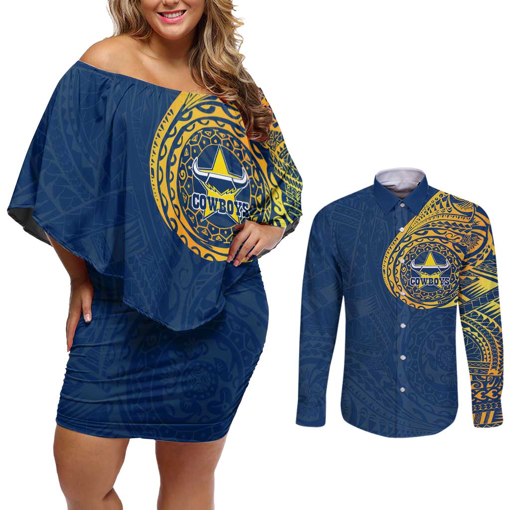 Personalized North Queensland Cowboys Couples Matching Off Shoulder Short Dress and Long Sleeve Button Shirt Polynesian Tribal Chest and Sleeve Tattoo