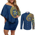 Personalized North Queensland Cowboys Couples Matching Off Shoulder Short Dress and Long Sleeve Button Shirt Polynesian Tribal Chest and Sleeve Tattoo