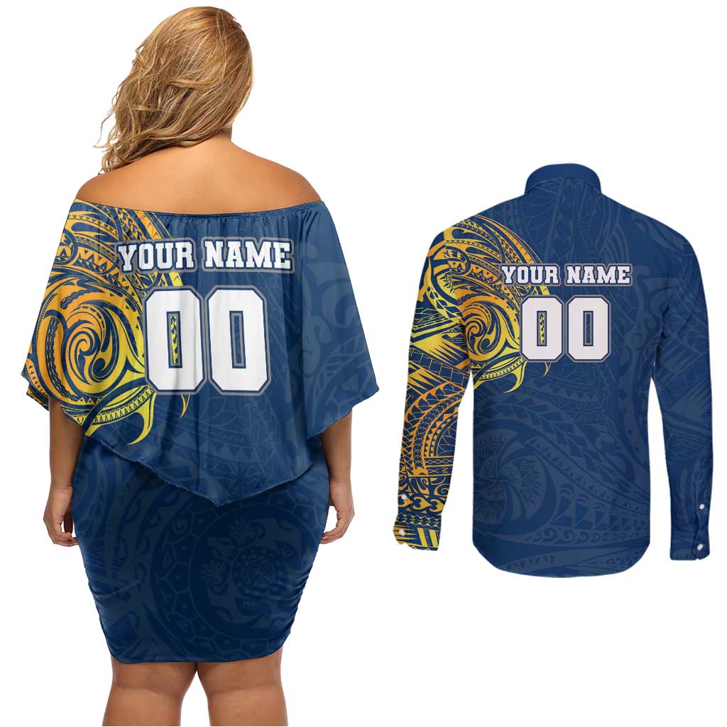 Personalized North Queensland Cowboys Couples Matching Off Shoulder Short Dress and Long Sleeve Button Shirt Polynesian Tribal Chest and Sleeve Tattoo