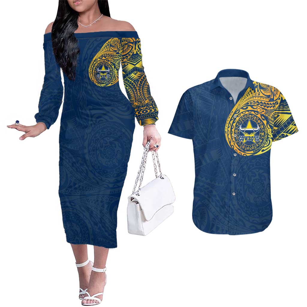 Personalized North Queensland Cowboys Couples Matching Off The Shoulder Long Sleeve Dress and Hawaiian Shirt Polynesian Tribal Chest and Sleeve Tattoo