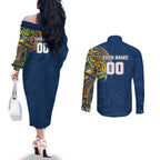 Personalized North Queensland Cowboys Couples Matching Off The Shoulder Long Sleeve Dress and Long Sleeve Button Shirt Polynesian Tribal Chest and Sleeve Tattoo
