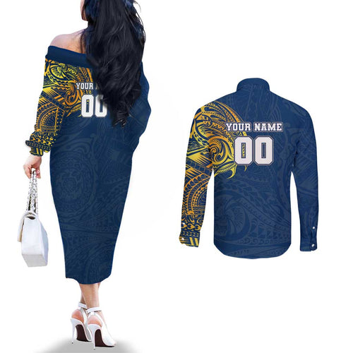 Personalized North Queensland Cowboys Couples Matching Off The Shoulder Long Sleeve Dress and Long Sleeve Button Shirt Polynesian Tribal Chest and Sleeve Tattoo