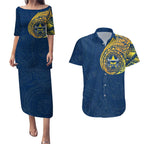 Personalized North Queensland Cowboys Couples Matching Puletasi and Hawaiian Shirt Polynesian Tribal Chest and Sleeve Tattoo