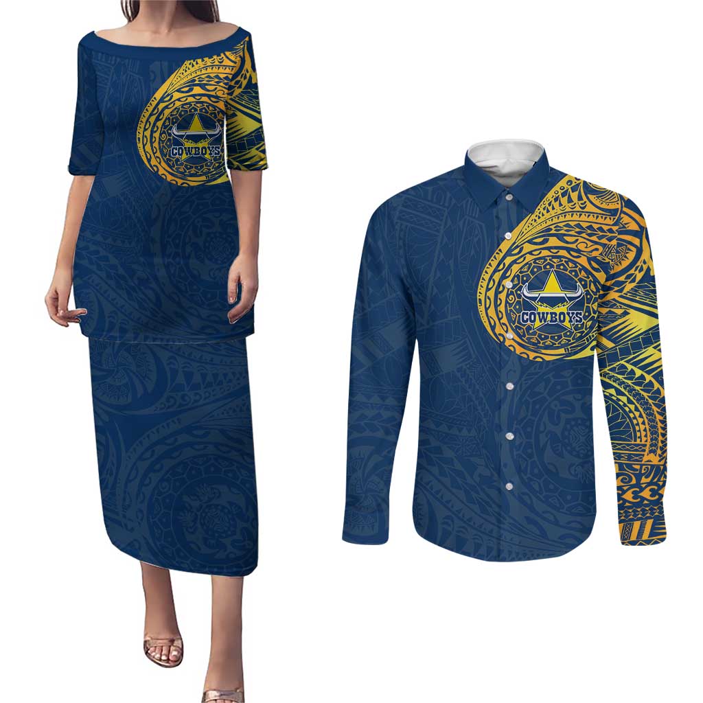 Personalized North Queensland Cowboys Couples Matching Puletasi and Long Sleeve Button Shirt Polynesian Tribal Chest and Sleeve Tattoo