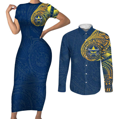 Personalized North Queensland Cowboys Couples Matching Short Sleeve Bodycon Dress and Long Sleeve Button Shirt Polynesian Tribal Chest and Sleeve Tattoo