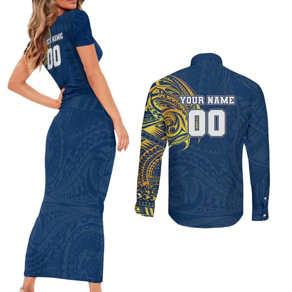 Personalized North Queensland Cowboys Couples Matching Short Sleeve Bodycon Dress and Long Sleeve Button Shirt Polynesian Tribal Chest and Sleeve Tattoo