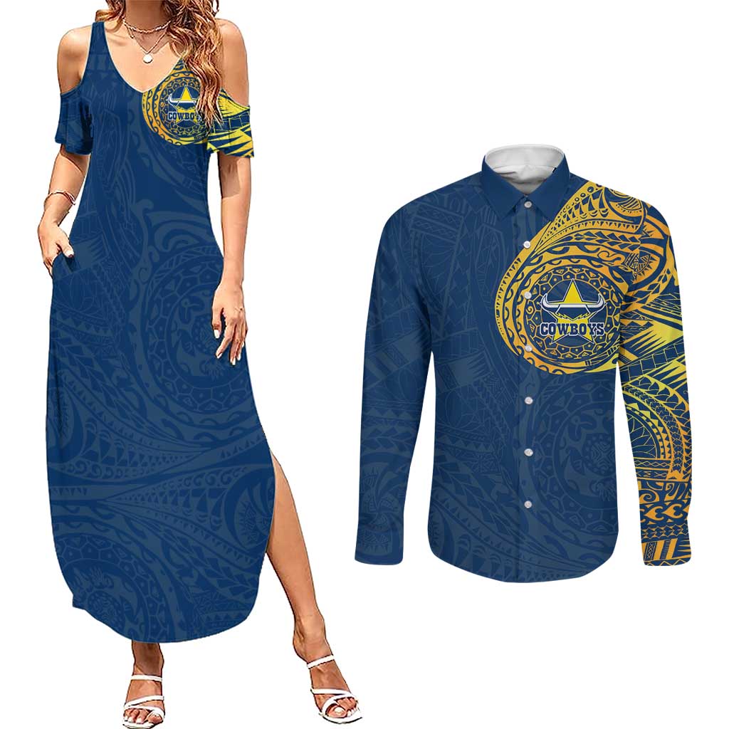 Personalized North Queensland Cowboys Couples Matching Summer Maxi Dress and Long Sleeve Button Shirt Polynesian Tribal Chest and Sleeve Tattoo