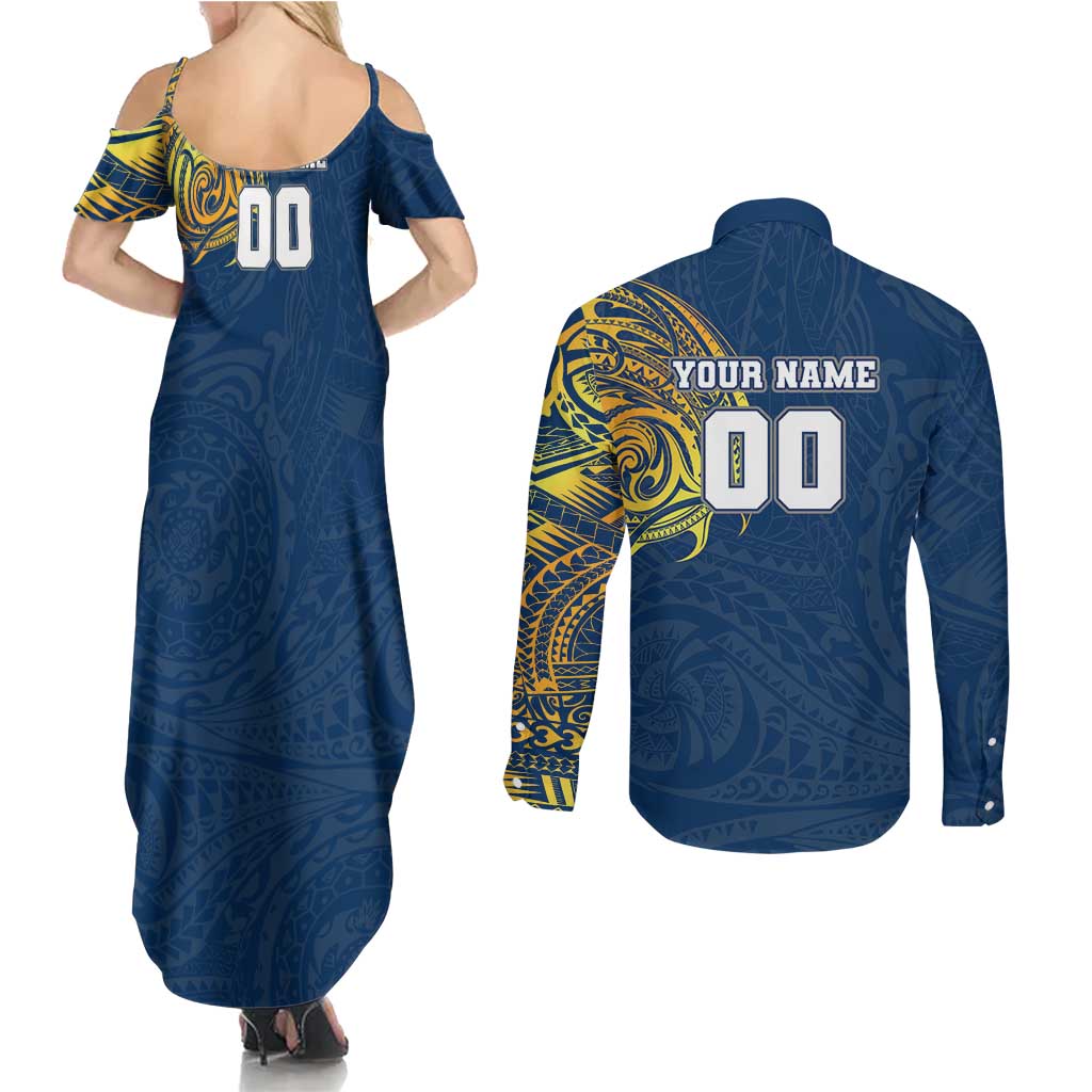 Personalized North Queensland Cowboys Couples Matching Summer Maxi Dress and Long Sleeve Button Shirt Polynesian Tribal Chest and Sleeve Tattoo
