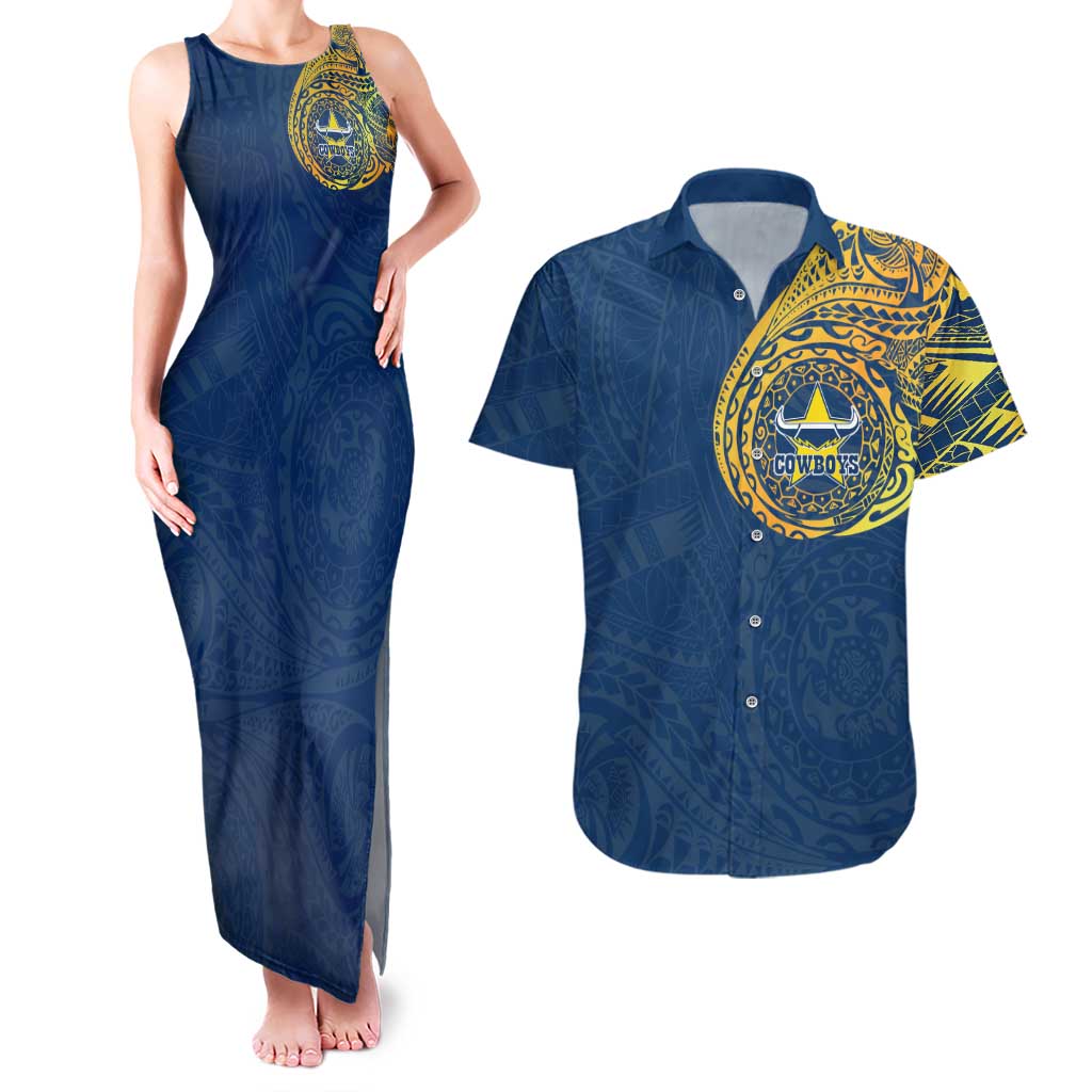 Personalized North Queensland Cowboys Couples Matching Tank Maxi Dress and Hawaiian Shirt Polynesian Tribal Chest and Sleeve Tattoo