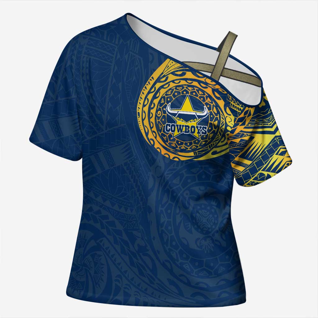 Personalized North Queensland Cowboys Cross Shoulder Shirt Polynesian Tribal Chest and Sleeve Tattoo