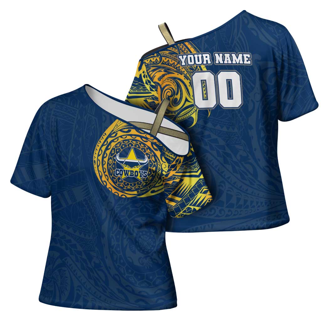 Personalized North Queensland Cowboys Cross Shoulder Shirt Polynesian Tribal Chest and Sleeve Tattoo