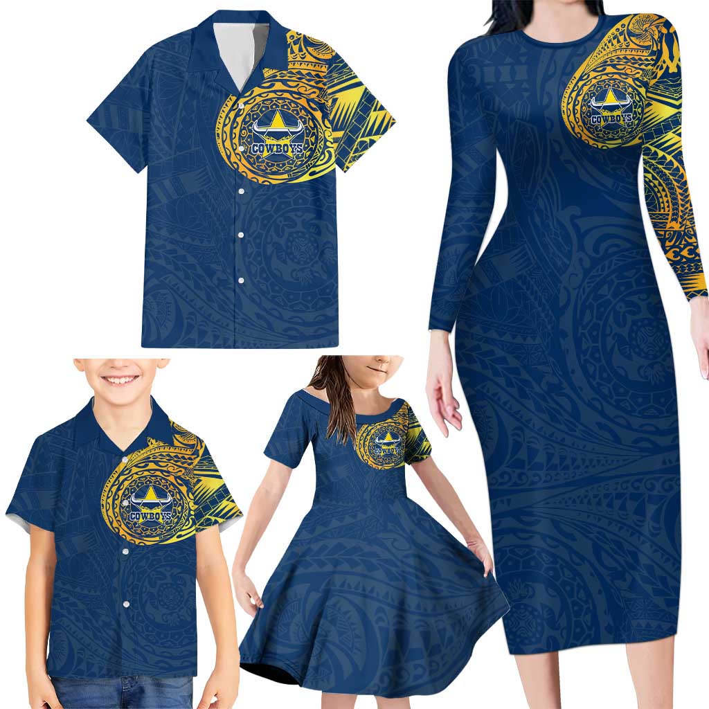 Personalized North Queensland Cowboys Family Matching Long Sleeve Bodycon Dress and Hawaiian Shirt Polynesian Tribal Chest and Sleeve Tattoo