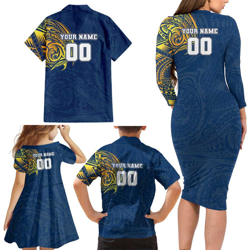 Personalized North Queensland Cowboys Family Matching Long Sleeve Bodycon Dress and Hawaiian Shirt Polynesian Tribal Chest and Sleeve Tattoo