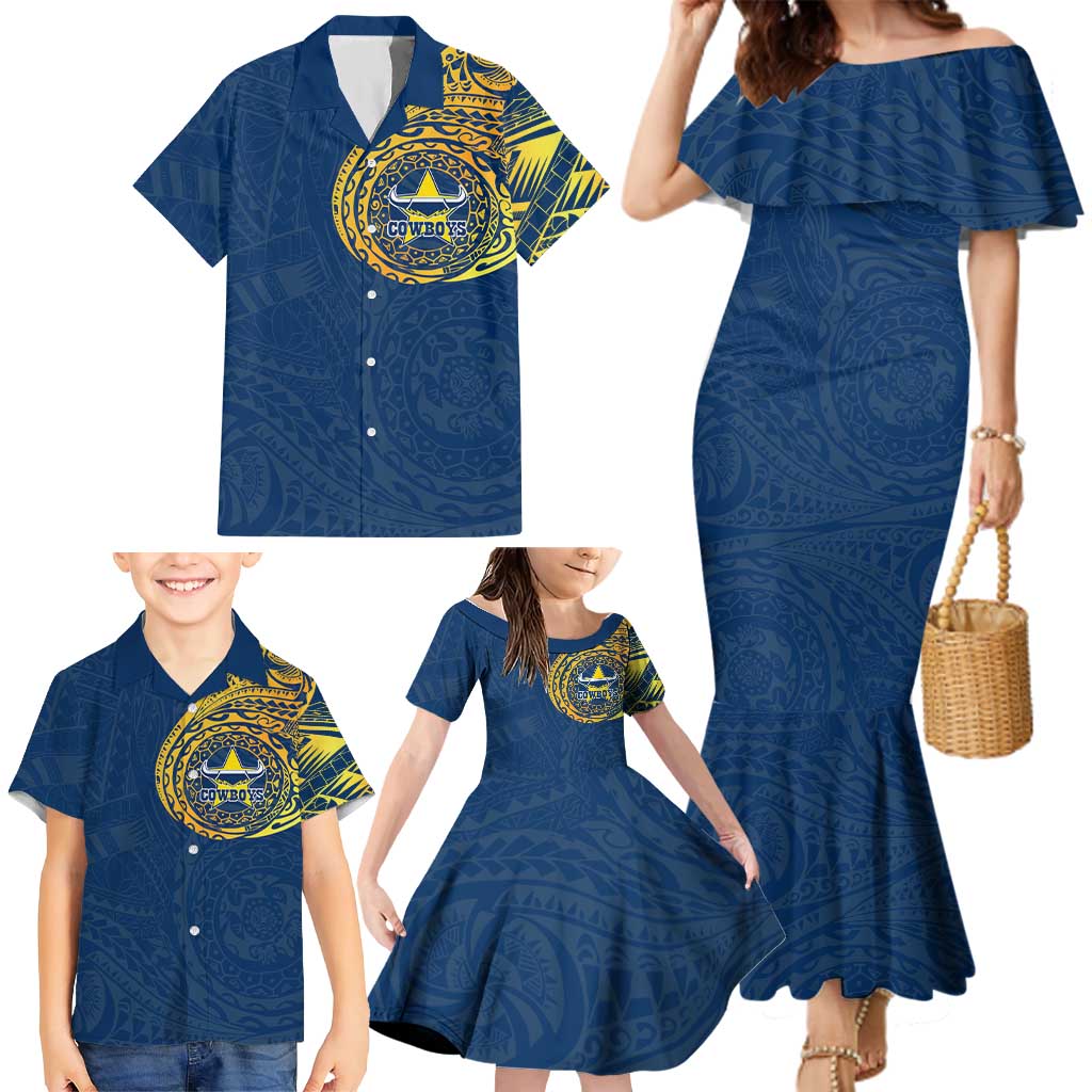 Personalized North Queensland Cowboys Family Matching Mermaid Dress and Hawaiian Shirt Polynesian Tribal Chest and Sleeve Tattoo