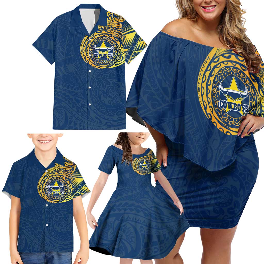 Personalized North Queensland Cowboys Family Matching Off Shoulder Short Dress and Hawaiian Shirt Polynesian Tribal Chest and Sleeve Tattoo