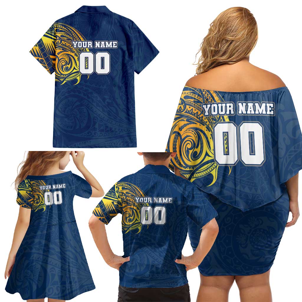 Personalized North Queensland Cowboys Family Matching Off Shoulder Short Dress and Hawaiian Shirt Polynesian Tribal Chest and Sleeve Tattoo