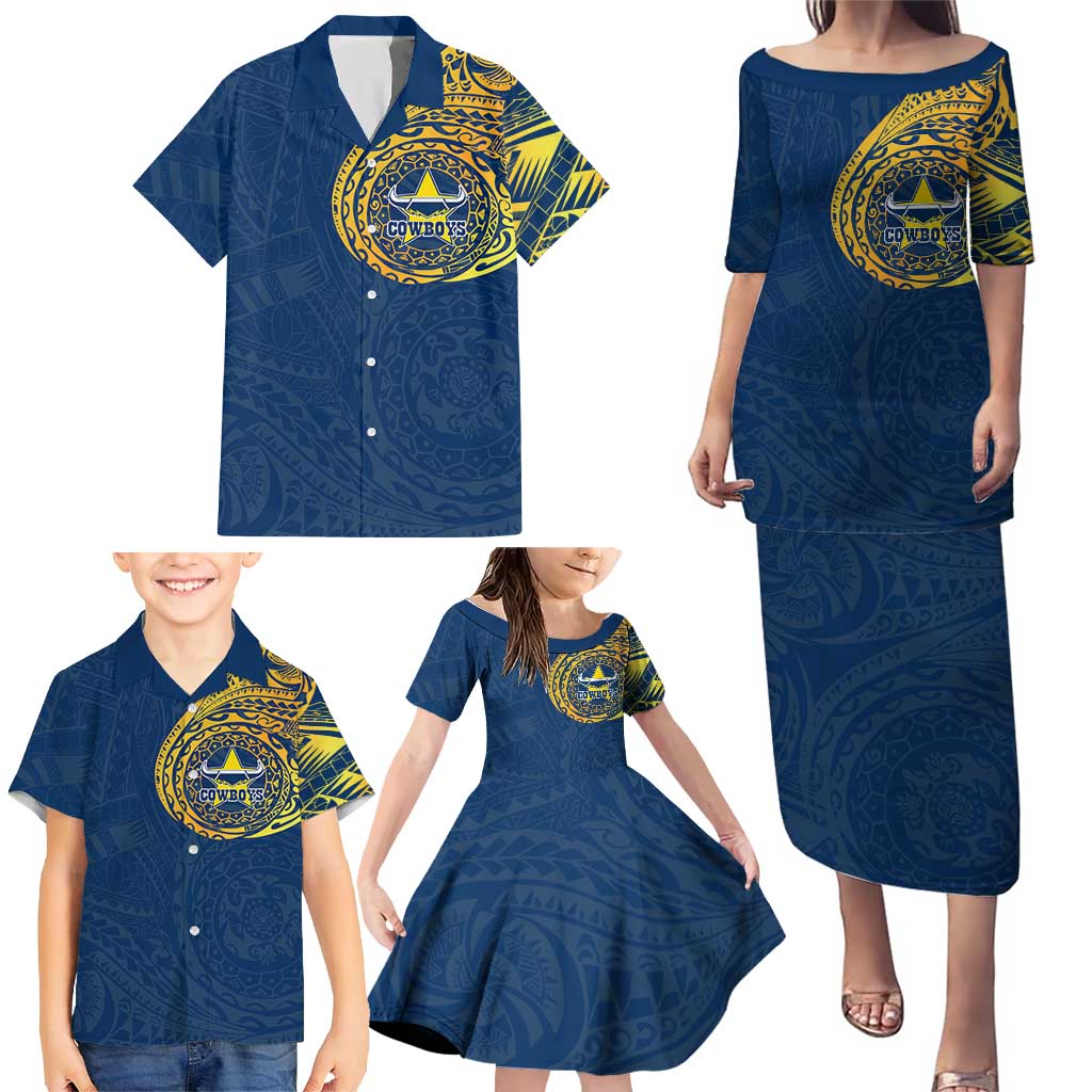 Personalized North Queensland Cowboys Family Matching Puletasi and Hawaiian Shirt Polynesian Tribal Chest and Sleeve Tattoo