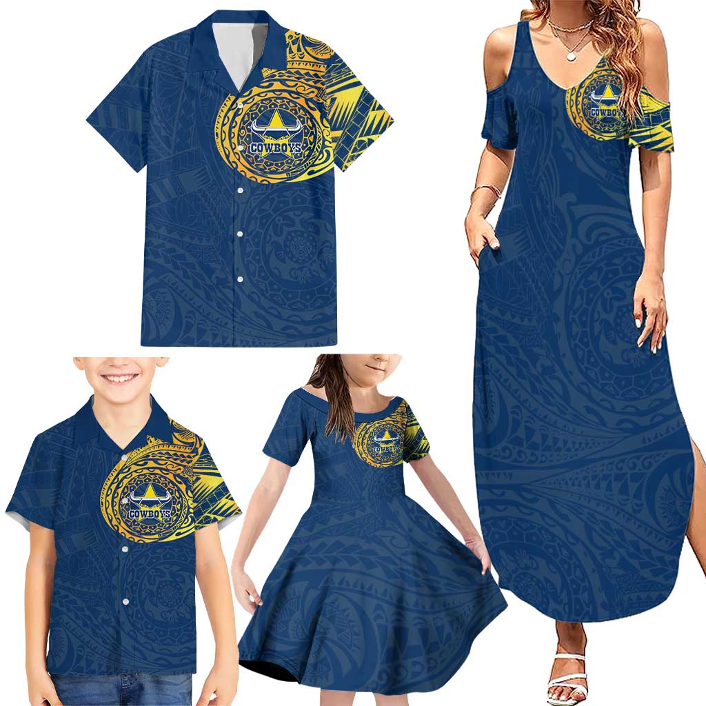 Personalized North Queensland Cowboys Family Matching Summer Maxi Dress and Hawaiian Shirt Polynesian Tribal Chest and Sleeve Tattoo