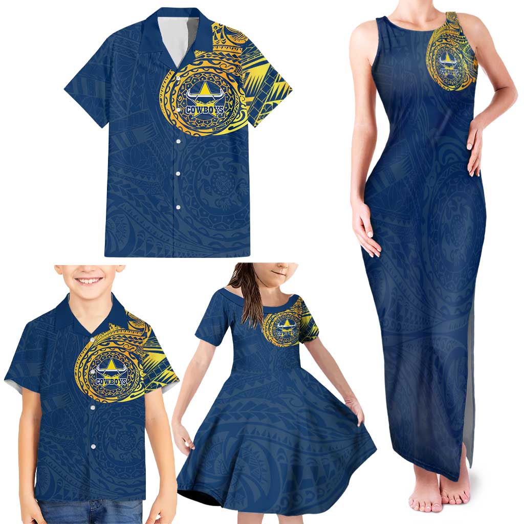 Personalized North Queensland Cowboys Family Matching Tank Maxi Dress and Hawaiian Shirt Polynesian Tribal Chest and Sleeve Tattoo