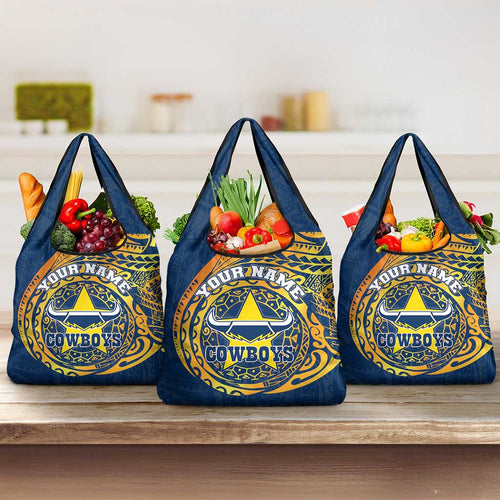 Personalized North Queensland Cowboys Grocery Bag Polynesian Tribal Chest and Sleeve Tattoo