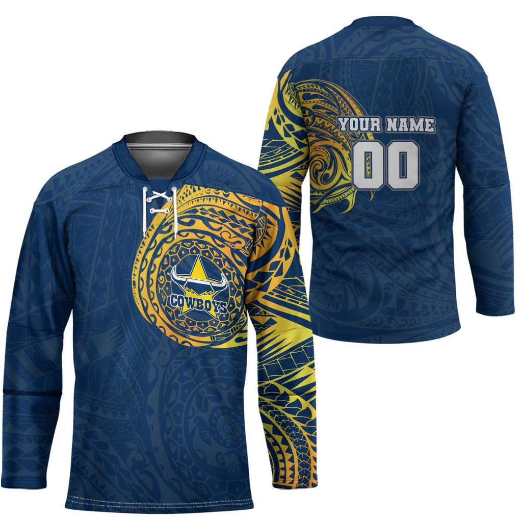 Personalized North Queensland Cowboys Hockey Jersey Polynesian Tribal Chest and Sleeve Tattoo
