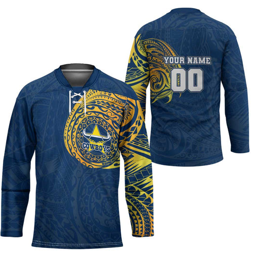 Personalized North Queensland Cowboys Hockey Jersey Polynesian Tribal Chest and Sleeve Tattoo