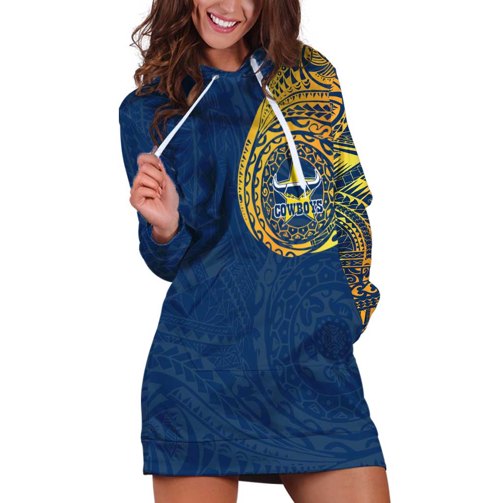 Personalized North Queensland Cowboys Hoodie Dress Polynesian Tribal Chest and Sleeve Tattoo