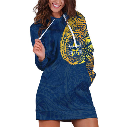 Personalized North Queensland Cowboys Hoodie Dress Polynesian Tribal Chest and Sleeve Tattoo