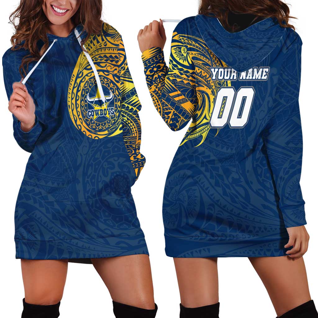 Personalized North Queensland Cowboys Hoodie Dress Polynesian Tribal Chest and Sleeve Tattoo