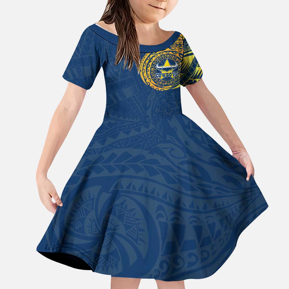 Personalized North Queensland Cowboys Kid Short Sleeve Dress Polynesian Tribal Chest and Sleeve Tattoo