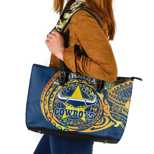 Personalized North Queensland Cowboys Leather Tote Bag Polynesian Tribal Chest and Sleeve Tattoo