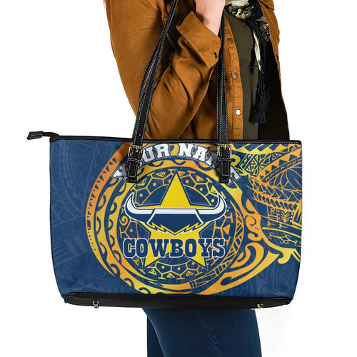 Personalized North Queensland Cowboys Leather Tote Bag Polynesian Tribal Chest and Sleeve Tattoo