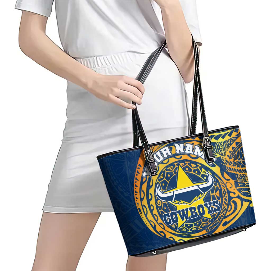 Personalized North Queensland Cowboys Leather Tote Bag Polynesian Tribal Chest and Sleeve Tattoo