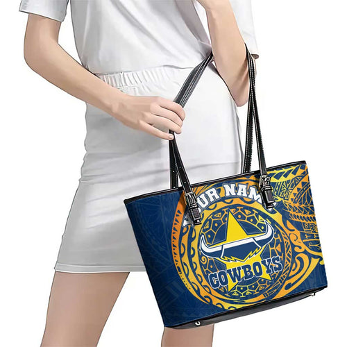 Personalized North Queensland Cowboys Leather Tote Bag Polynesian Tribal Chest and Sleeve Tattoo